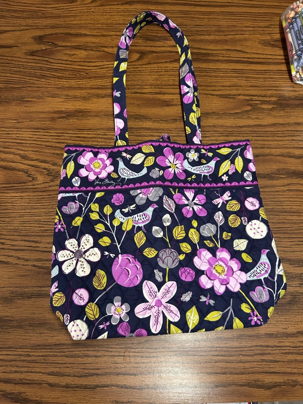 Vera Bradley Navy Quilted Tote with Pink and Yellow Floral Print